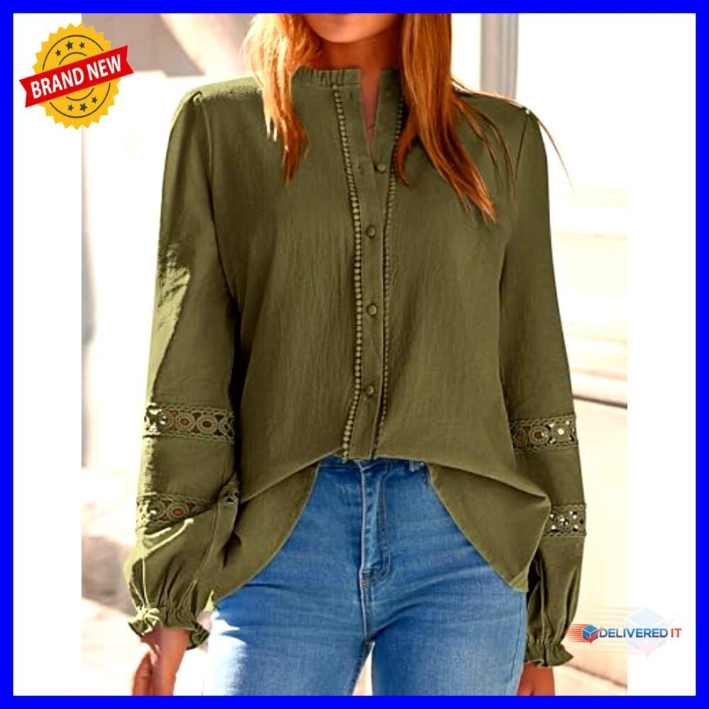 Long Sleeve Cotton Eyelet Blouse, Boho Button-Up Shirt, Spring Top - Picture 3 of 7